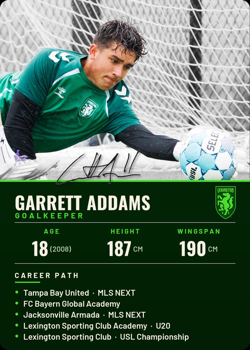 Garrett Addams trading card — back, signed